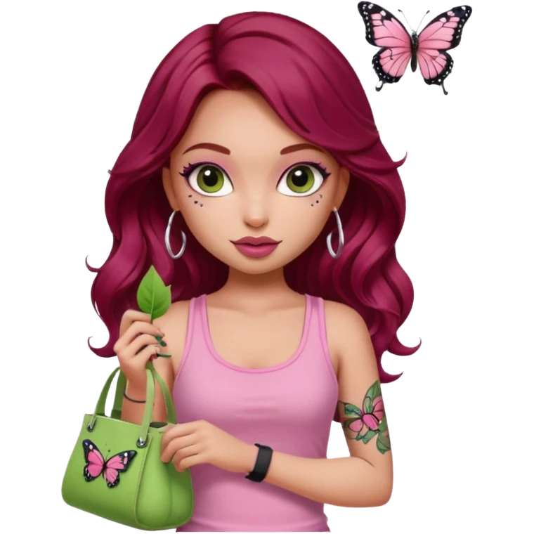 a pretty fair bratz girl with wavy dark red hair, wearing a pink tank top , carrying a matcha and a pink bag. eyeliner on. butterfly tattoo on arm emoji