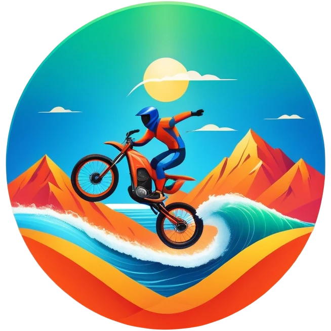 A bold, dynamic emblem combining elements of extreme sports like a mountain, a bike, surfing, ocean and a parachute, all within a circular or shield-like shape. The design conveys speed, adventure, with sharp lines and vibrant colors representing the thrill and intensity of extreme sports. emoji