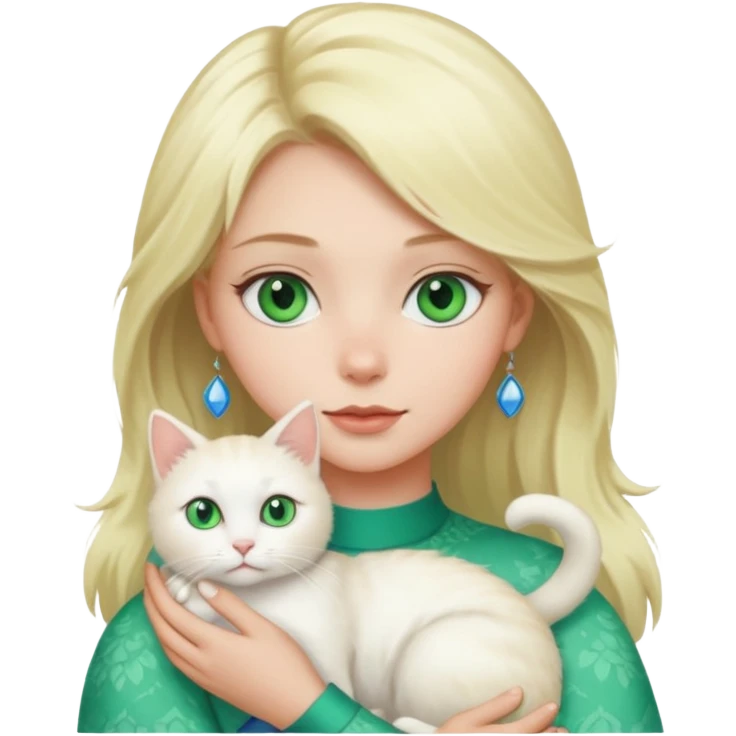 Blonde girl with green eyes holding a white cat with blue and green eyes emoji