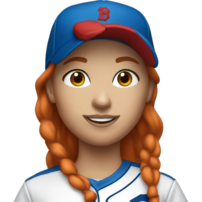 standing up white female coach with long red hair in blue  t-shirt and with a simple blue baseball hat emoji