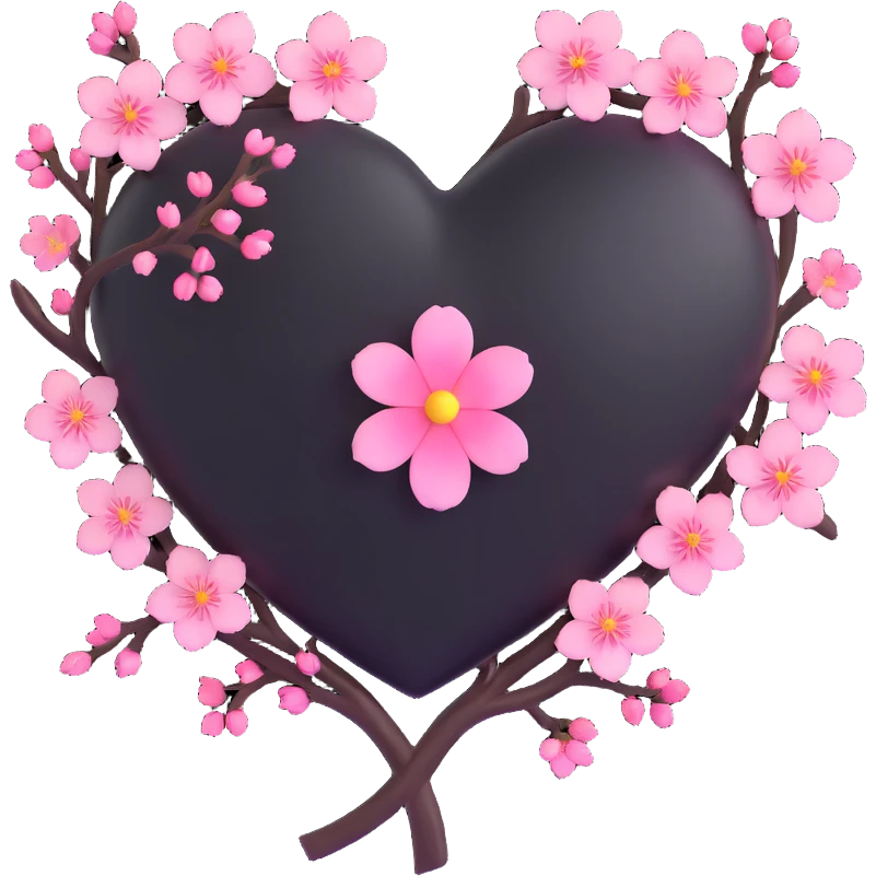 goth sakura heart, black heart with sakura branch and glowing blossoms emoji