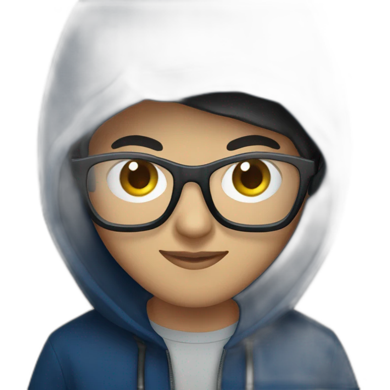 young Adult with glasses with a dark blue hood behind his computer and focus on his code  emoji