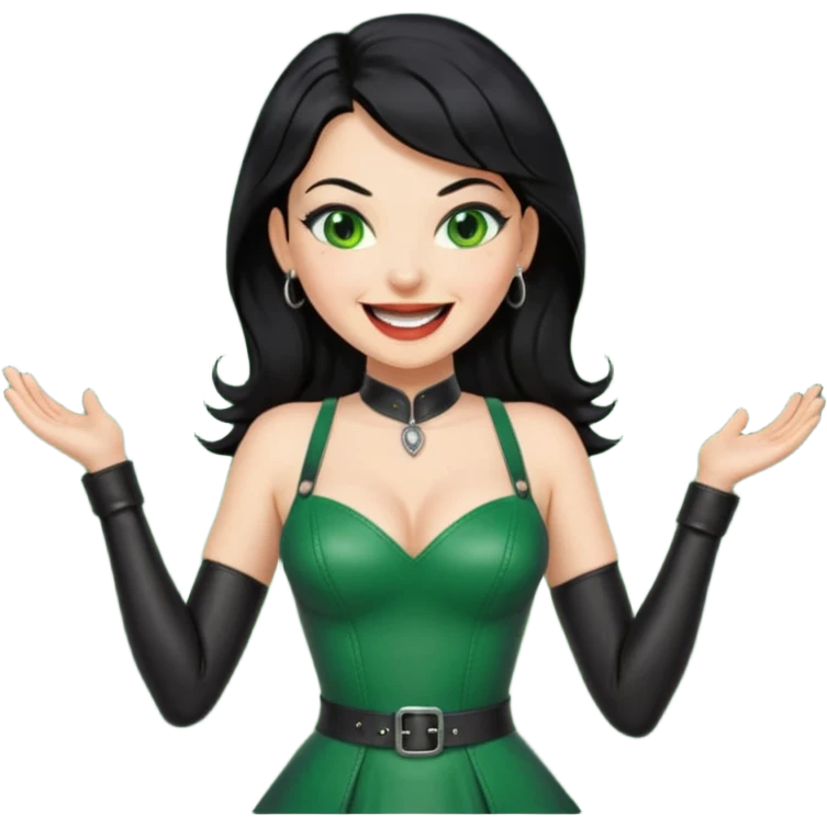 🕵🏻‍♀️💦🧥 black hair , green eyes ,dominatrix dress , laughing  emoji