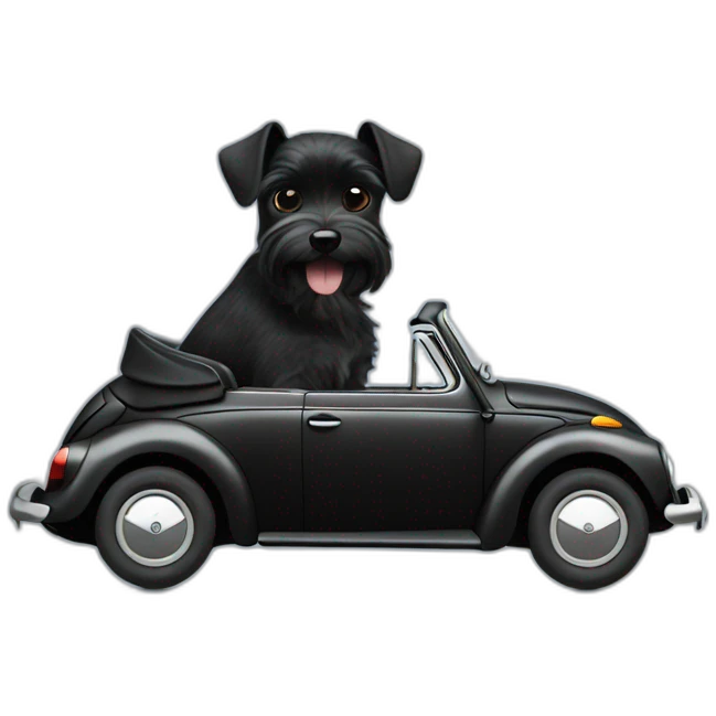 Miniature black Schnauzer driving a Volkswagen Beetle emoji