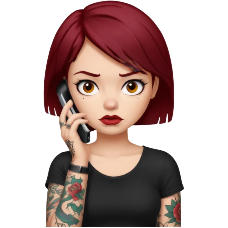generate a girl with dark red hair, tattoos, short black hair calling on the mobile phone. Looking mad emoji