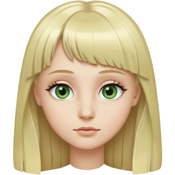 Girl with long blonde hair, micro bangs, no eyebrows, grey green eyes, and long eyelashes emoji