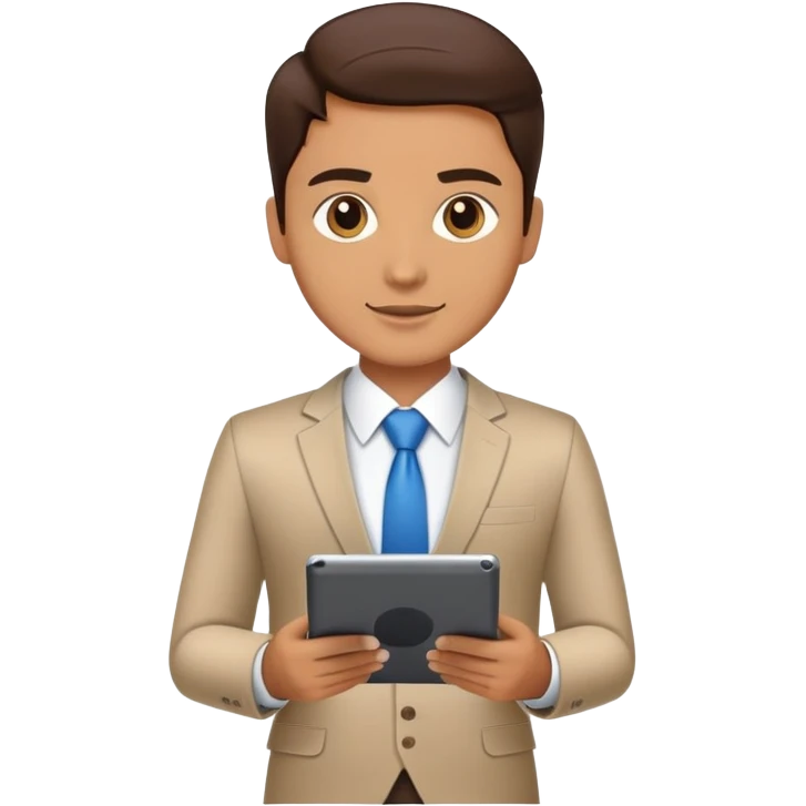 business executive confidently, holding a digital tablet or folder. The character wears smart business attire emoji