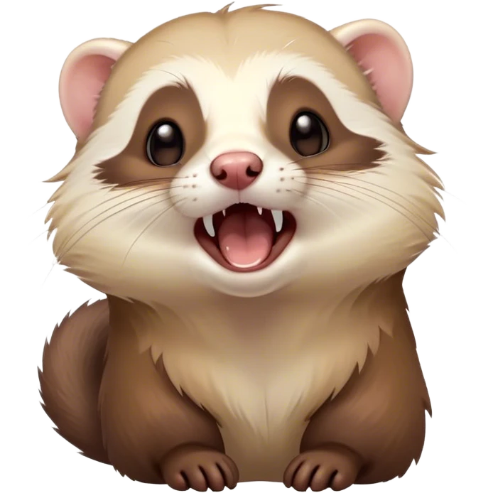 Cinematic Cute Yawning Ferret Portrait Emoji, Head tilted slightly with an exaggerated, wide-open yawn, showcasing a long, flexible body with a plush coat in soft brown and cream, droopy, drowsy eyes, and a relaxed expression, Simplified yet irresistibly endearing features, highly detailed, glowing with a soft, cozy natural glow, high shine, relaxed yet expressive, stylized with a dash of whimsical charm, soft glowing outline, capturing the essence of a sleepy yet affectionate ferret that seems ready to curl up for a nap! emoji