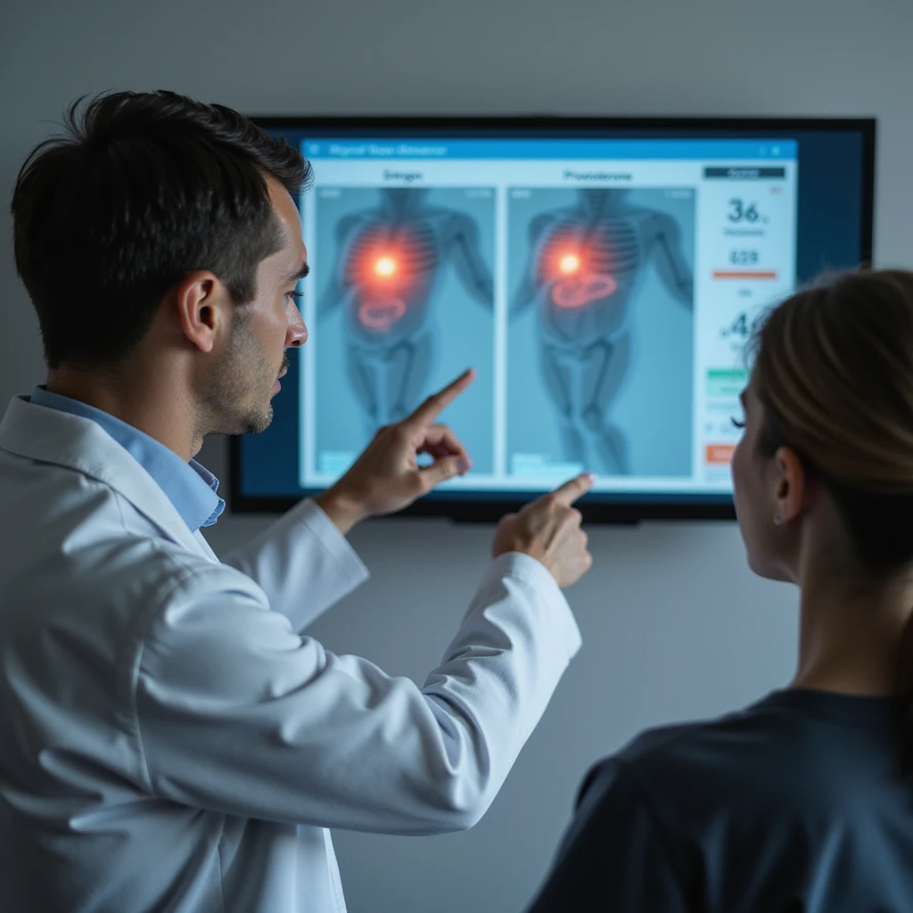 hyperrealistic 4K image of a woman with hormonal imbalance, doctor pointing at a monitor showing altered estrogen and progesterone levels, labels clearly visible, woman listening attentively emoji