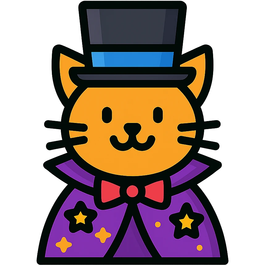 A magician cat in a top hat, a bowtie and a purple cape with stars emoji