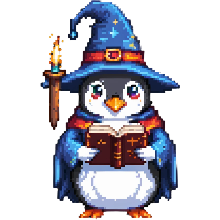 penguin wizard with a wizard hat and a spellbook emoji