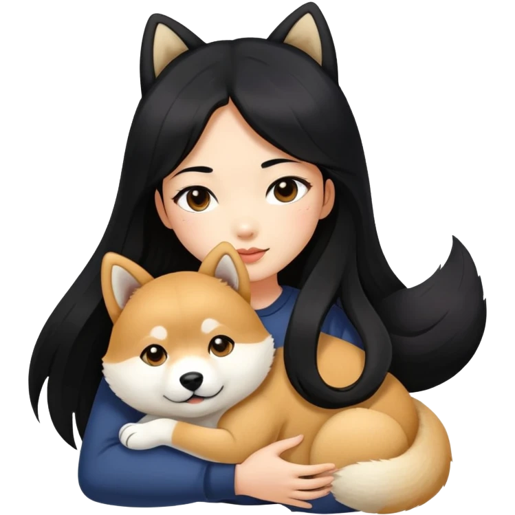 A beautiful girl with long black hair hugs a Shiba Lnu emoji