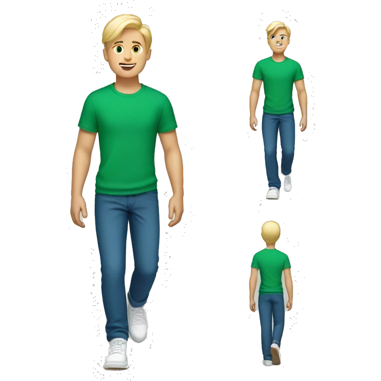 Walking boy with green shirt blue pants and white shoes blonde hair emoji