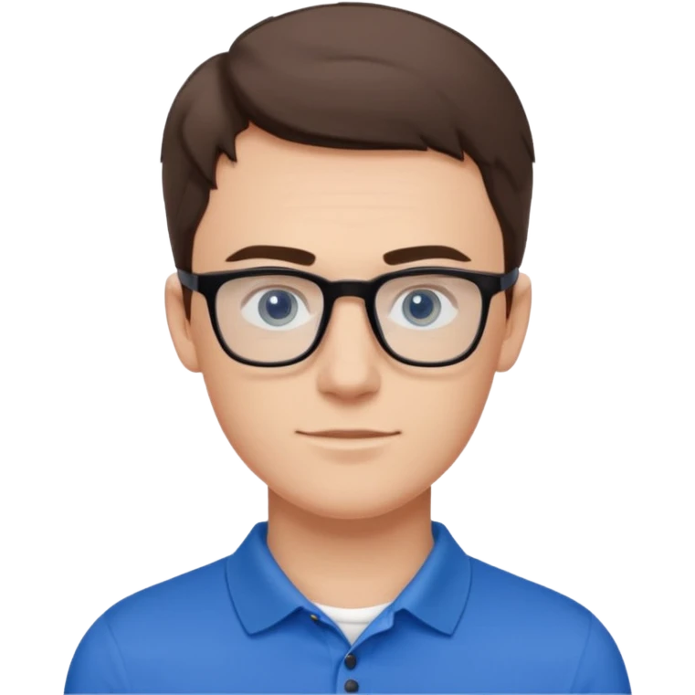 Scott The Woz Young white man, late 20s, short brown hair, blue eyes, clean-shaven, thin black rectangular glasses, slim build, wearing a blue polo shirt, friendly and energetic look. emoji