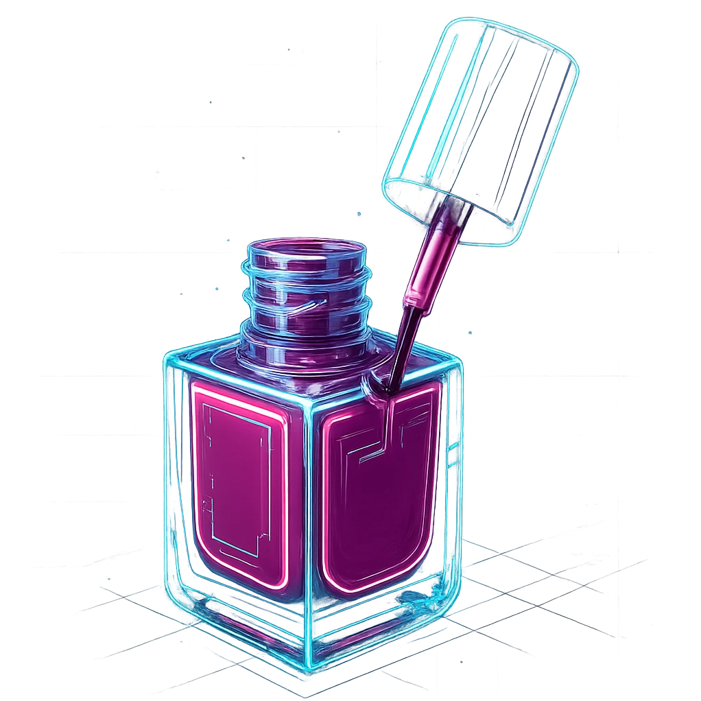Make this nail polish bottle with brush look a little AI animated, with digital animation effects, glowing lines, and a futuristic touch, keeping the background transparent. emoji