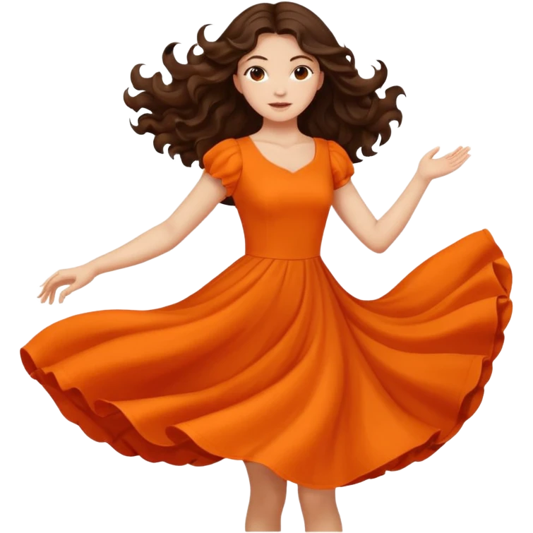 Long dark wavy hair women in orange standing spinning twirling around emoji