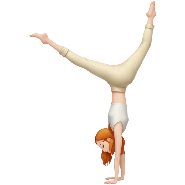 Ginger Girl side view handstand two straight legs together in cream pants emoji