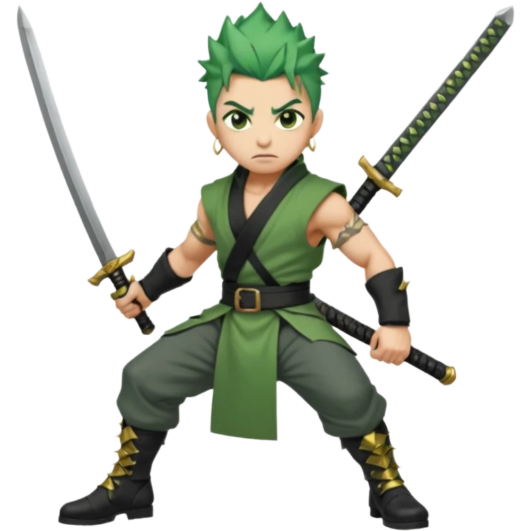 Muscular scarred warrior, short spiky moss-green hair, sharp steel-grey eyes, strong jaw, serious stare. Black trousers, boots, green sash with three katanas, open white coat, three gold earrings. Cinematic, ultra-realistic. emoji