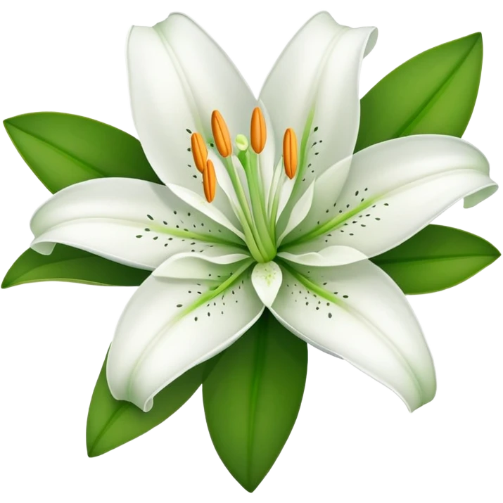 white lily flower with exactly six petals, one flower bud, and green leaves emoji