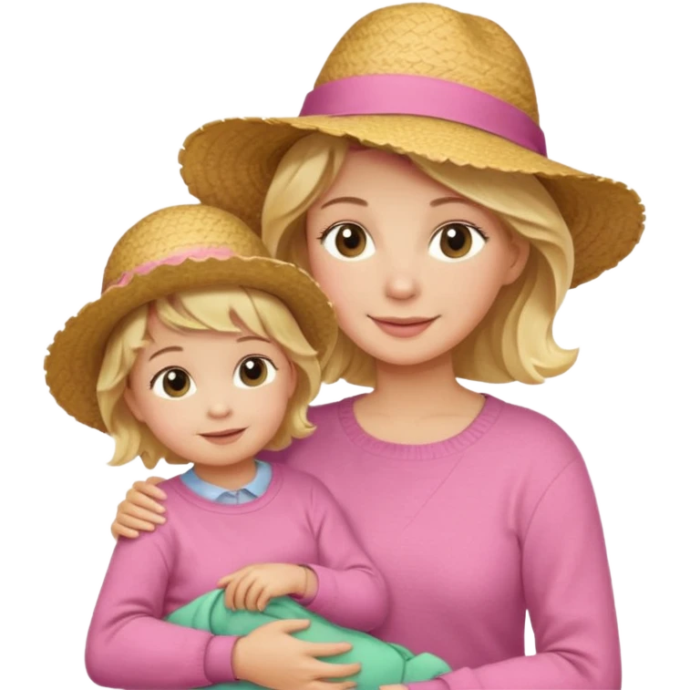 A cheerful wavy short blond hair mom in a straw hat carrying her child, wearing a pink sweater emoji