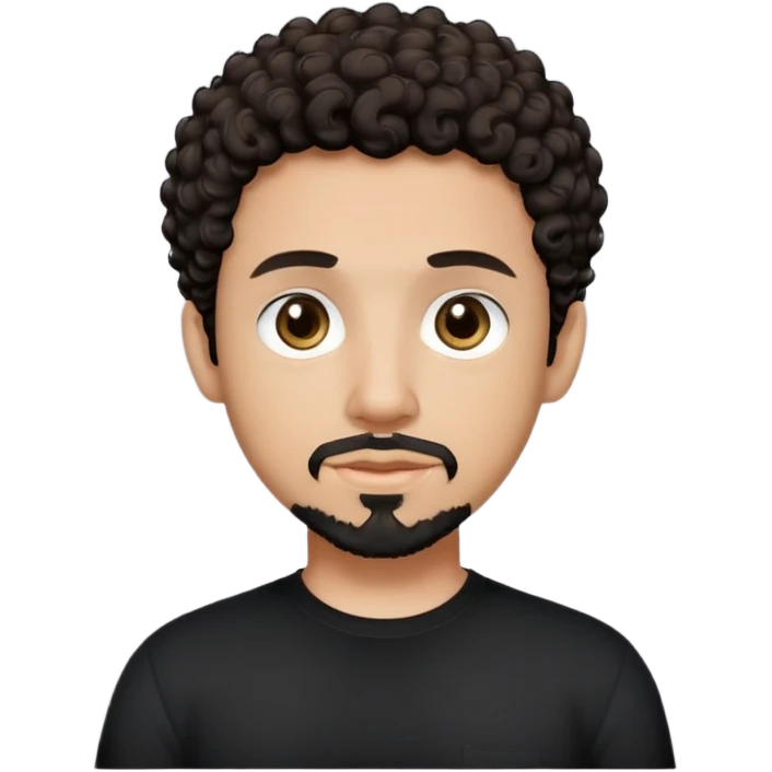 tech bro with dark, short-ish curly hair, dark eyes, and goatee on chin. And black shirt with no color on it. redo. No beard. Goatee only. emoji