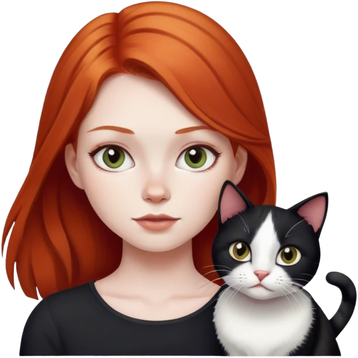 red headed girl with black and white cat  emoji