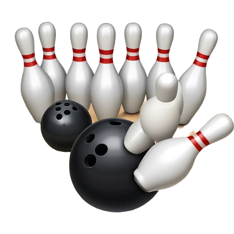 A bowling ball rolling down the lane towards a set of pins, with the pins poised to fall. The scene is set in a bowling alley with bright lights and a polished wooden floor, capturing the excitement and precision of the sport. emoji