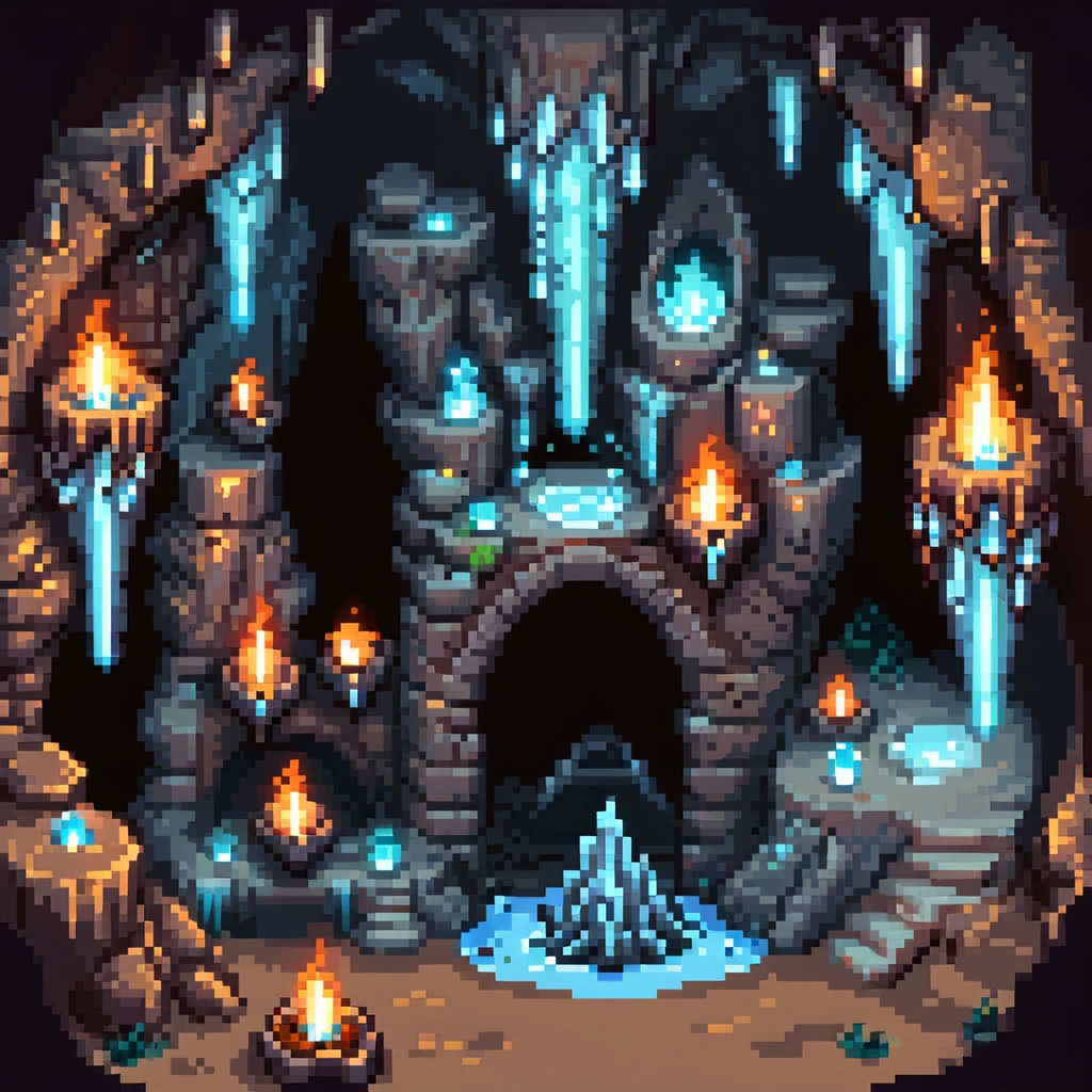 cave dungeon with torches, stalactites, and glowing crystals emoji