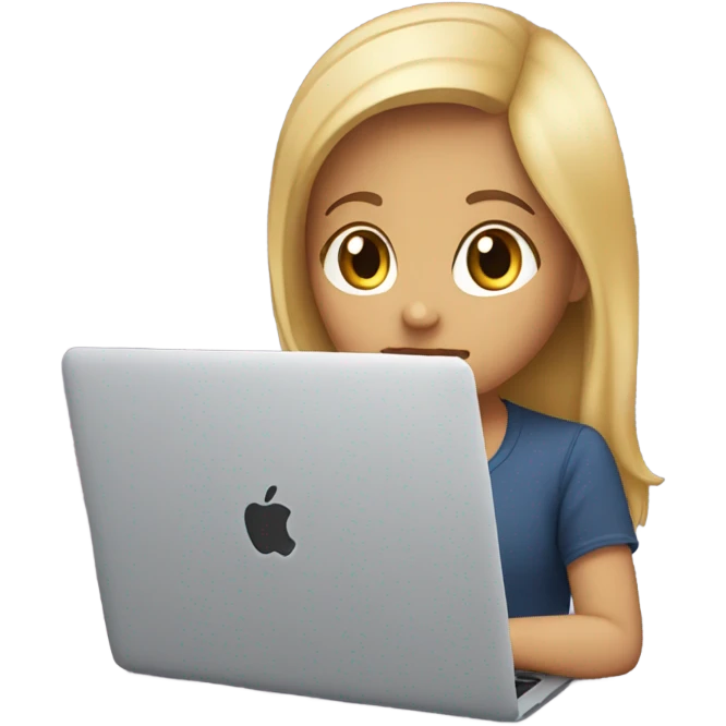 ￼ A beautiful cute girl with blond hair and brown eyes looks at a MacBook laptop emoji