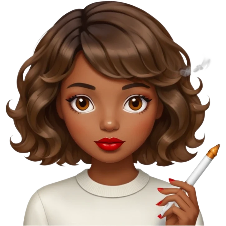 Alluring French girl french shiny brown wavy textured bob haircut tousled hair red lips and cigarette emoji
