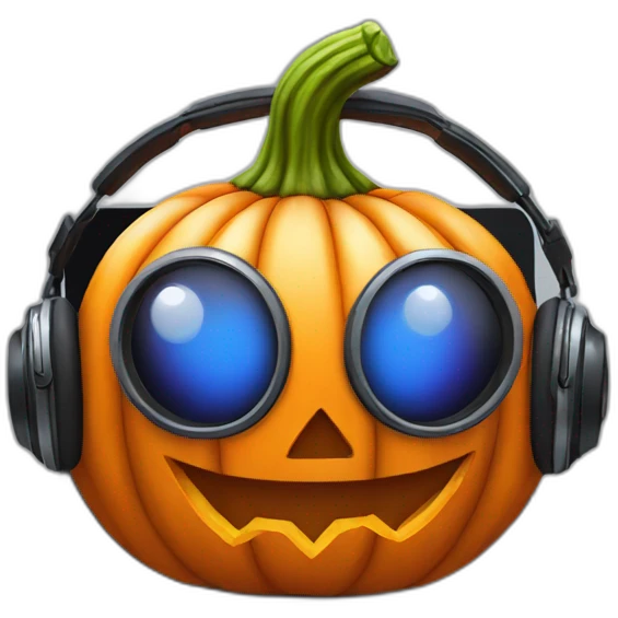 halloween pumpkin with headphones on sitting in front of a laptop emoji