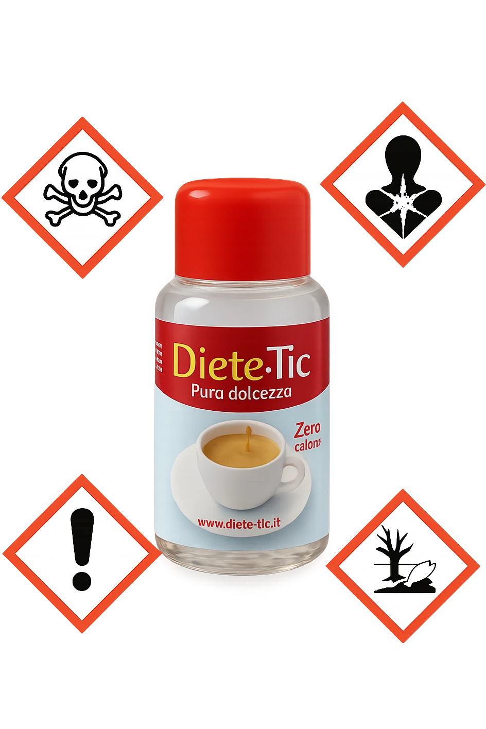 BOCCETTA DI DOLCIFICANTE LIQUIDO CON LA SCRITTA "DIETE-TIC" SULL'ETICHETTA FLUTTUA IN ARIA INSIEME A SEGNALI DI PERICOLO 3D emoji