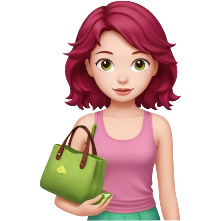 a pretty fair bratz girl with wavy dark red hair, wearing a pink tank top , carrying a matcha and a pink bag emoji