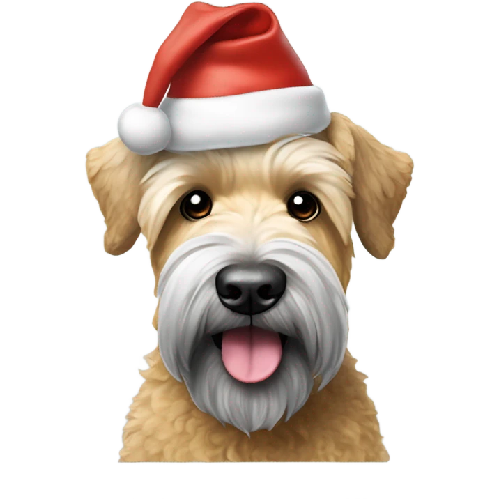 Hyper realistic soft coated Wheaton terrier with grey ears and short hair on it head wearing a Santa hat emoji