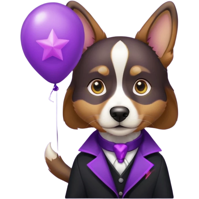 Dog hold purple star shape balloon, black jacket emoji