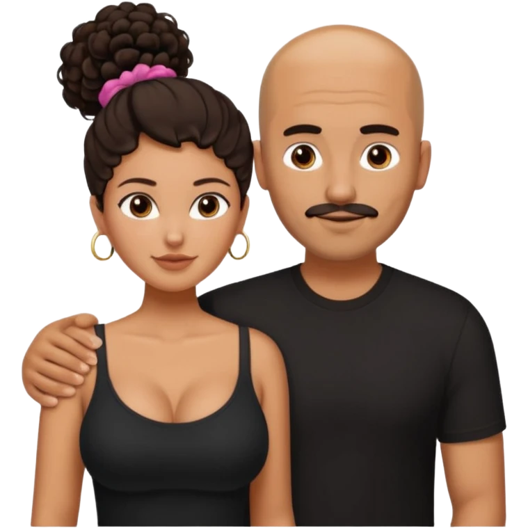 A picture of a tanned couple with the man's arm on her. the man is a Mexican man with tanned skin, a bald hair cut, short beard and wearing a black shirt. the woman is mixed, with curly dark brown hair in a messy bun and with big boobs  emoji