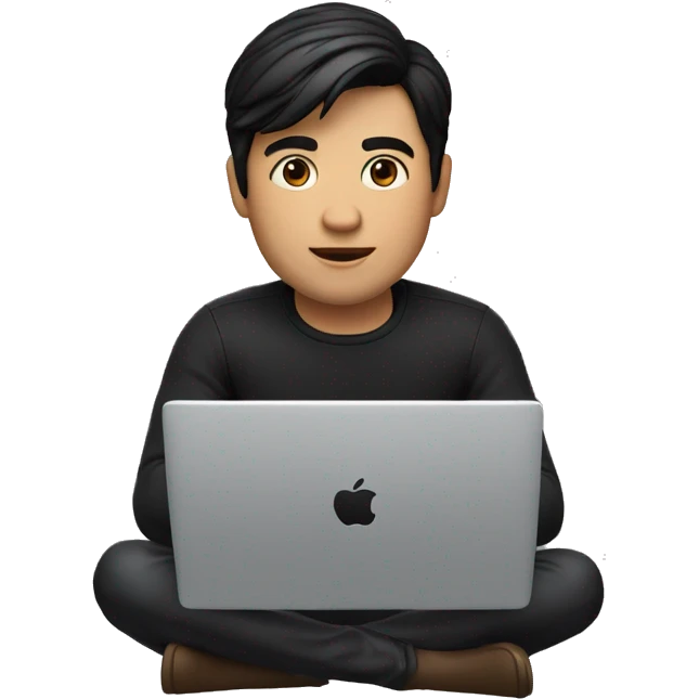memoji of a man with a laptop in front, apple-style,modern,fair skin,black hair,black sweater,computer in hand,sitting on his desk emoji
