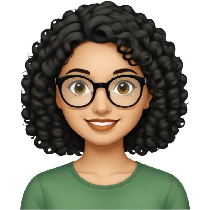 Hispanic woman in her 20s with caramel skin tone. Round face with prominent cheeks and dimples. Dark eyes with black thick-framed glasses. Shoulder-length curly black hair with defined curls. Wide sincere smile. Wearing a green casual top. emoji