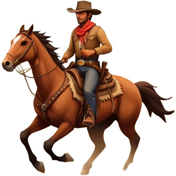 An icon representing an adventure game, inspired by Red Dead Redemption II. The design features a rugged cowboy riding a galloping horse across an open prairie, with towering mesas, cacti, and a golden sunset in the background. The atmosphere conveys freedom, action, and the thrill of the untamed frontier. Transparent background. emoji