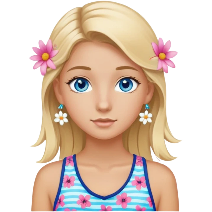 preppy coastal teen girl with blue eyes, beach blonde hair, tan skin, small flowers in her ear, preppy beach outfit emoji