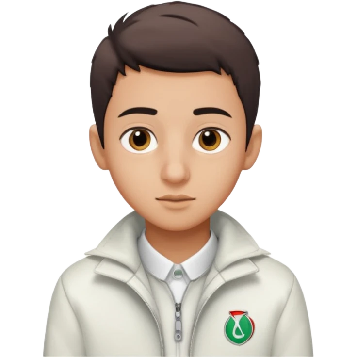 algerian teenage boy with very short gradient hair, brown eyes and long lashes, big nose and he is wear a white jacket emoji