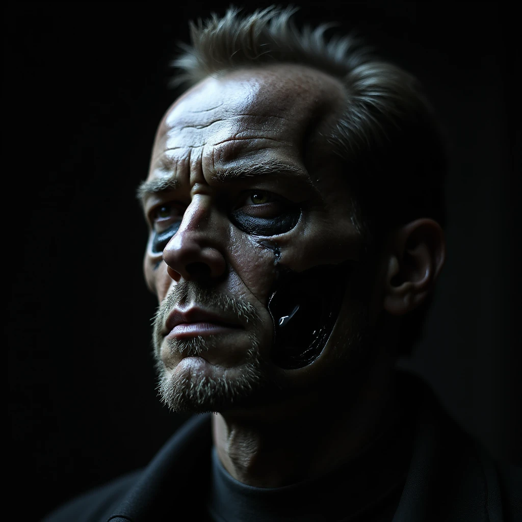 Terminator with half human half robot face, realistic style, dark atmosphere emoji