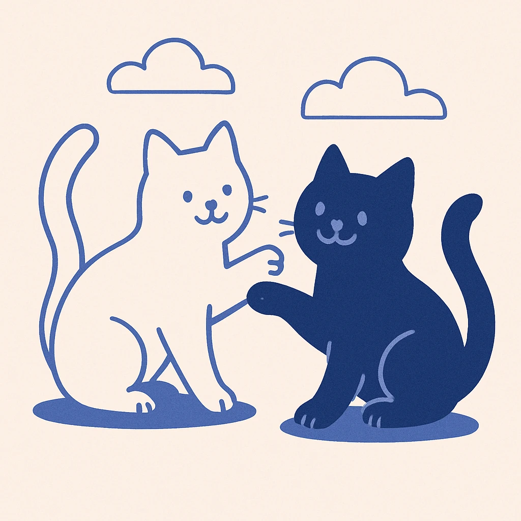 a white cat and a black cat playing together, cheerful mood emoji