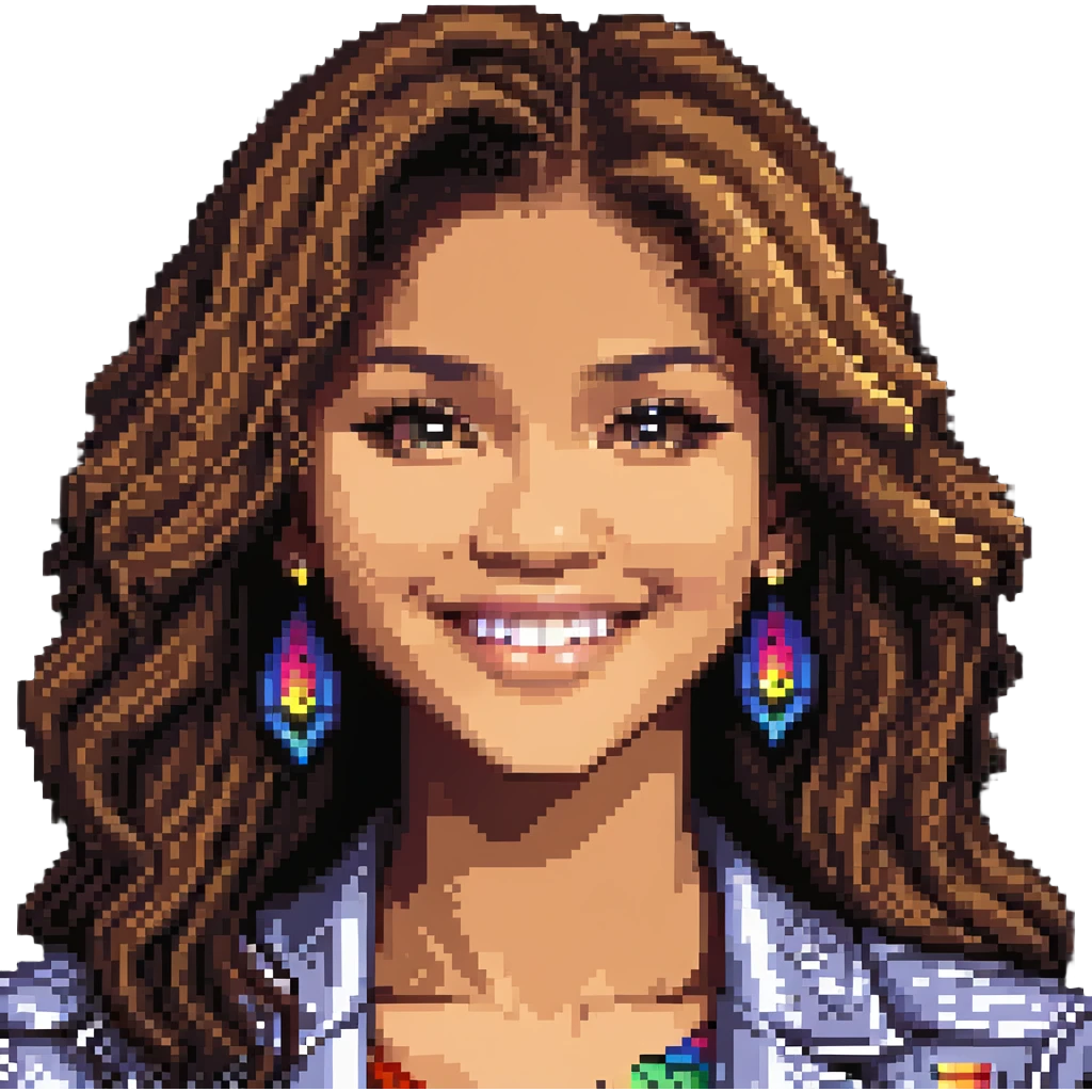 close-up face of Zendaya smiling in pixel art style emoji