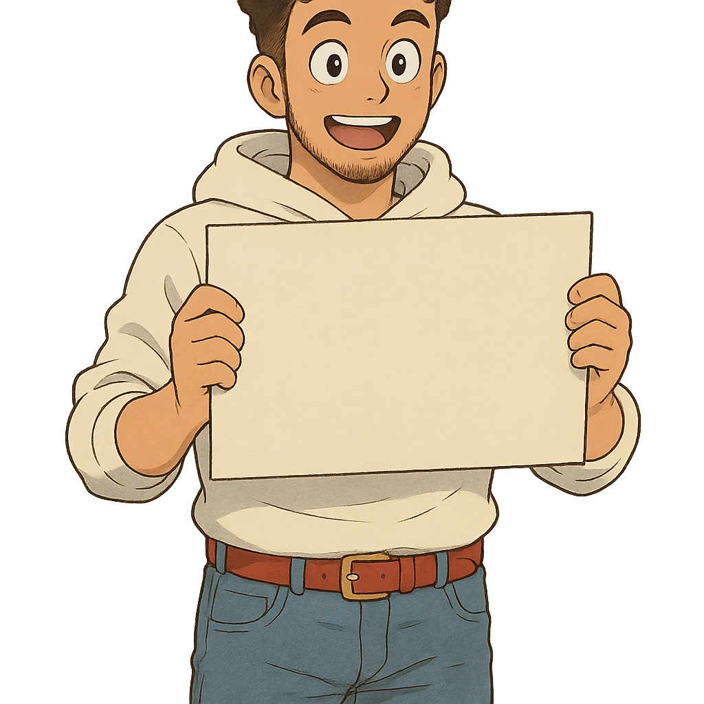 1 male, mid fade haircut dark chestnut brown curly hair, toasted lightskin, white hoodie sleeves up, fashion jeans, red fashion-sneakers shoes, red belt, short trimmed beard and goatee,  style of deku from "my hero academia", pose: holding a blank poster shoulder level, the image is framed from the waist to above the top of the head, facial expression is excited emoji