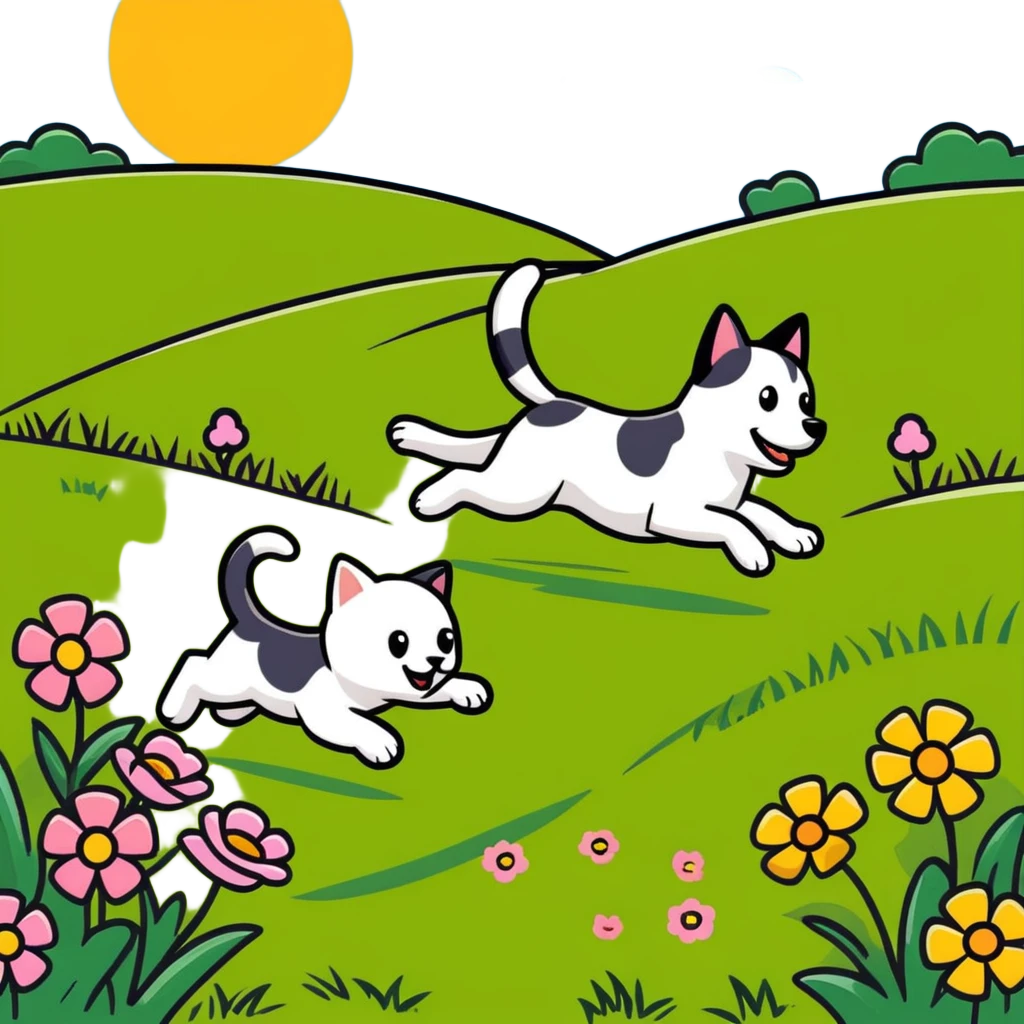 dog chasing cat in a sunny meadow with flowers emoji