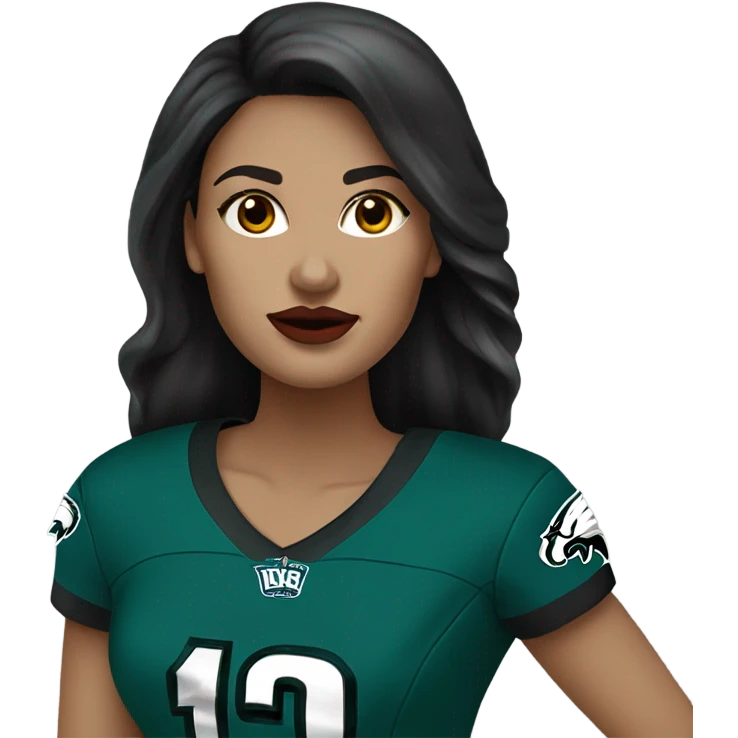 White female long dark hair red lips wearing Philadelphia Eagles jersey emoji