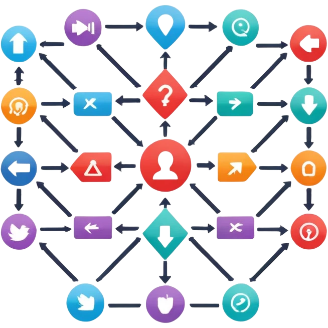 colorful flowchart diagram with many arrows connecting icons emoji