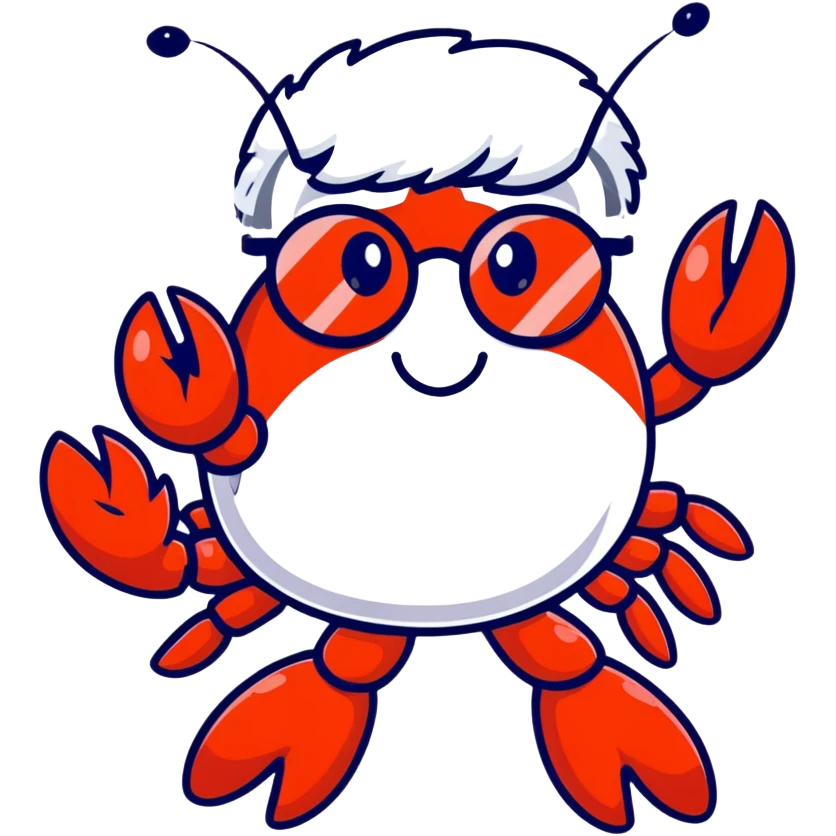 senior lobster with white hair and glasses, elderly lobster character with white eyebrows and whiskers, wearing round glasses emoji