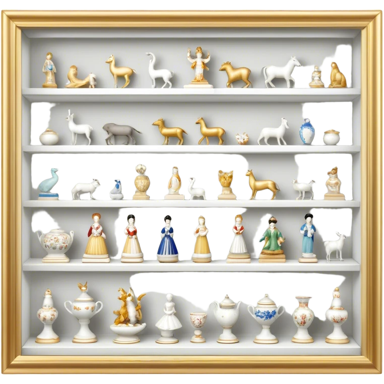 Icon for Porcelain Figurine Collecting: a collection of delicate porcelain figurines, such as animals, dancers, and historical characters, displayed on a shelf or in a display case. The icon should convey the elegance and artistry of collecting porcelain statues. Transparent background. emoji